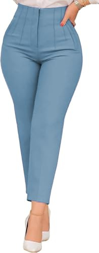 Kubsid Pantalones de pierna recta para mujer 2026, cintura alta, elásticos, de negocios, informales, para el trabajo, pantalones de oficina con bolsillos, Azul polvoriento, Medium
