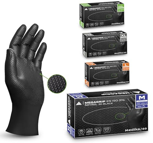 MEGAGRIP Gants MEKA MEDIKA69, Gants nitrile extra forts + DE 8 Grammes, 2x plus épais, Gant noir structure 3 D, Gants mecanicien extra-résistants, 50 pcs/boîte M, L, XL, XXL (50, NOIR, XL)