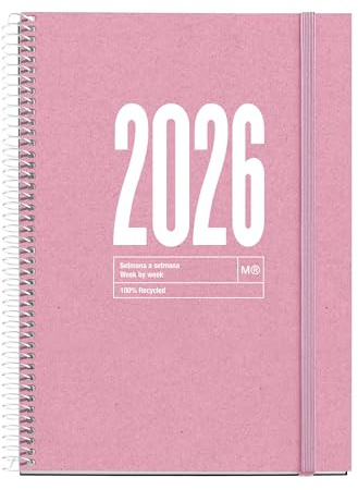 Miquelrius - Hållbar veckoplanerare 2026, liknande A5+ (155 x 213 mm), veckoplanerare, återvunnet kartongomslag, 100 g/m² återvunnet papper, gummiförslutning, CAT-EN-PT, rosa
