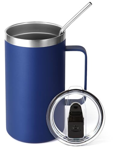 Volhoply 22 oz isolerad kaffekopp i rostfritt stål med läckagesäkert lock, dubbelväggig vakuumisolerad resemugg med handtag, återanvändbar metalltumlare, campingmuggar som håller varmt & kallt (Navy