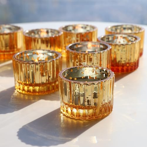 Vohocandle Petits Bougeoir Verre Doré – Lot de 12 pour Mariages, Petits Photophore Verre pour Bougie Chauffe-Plat, Contenant pour Bougie Verre pour Noël, Anniversaires, Fêtes (5 × 3,5 cm, Doré)
