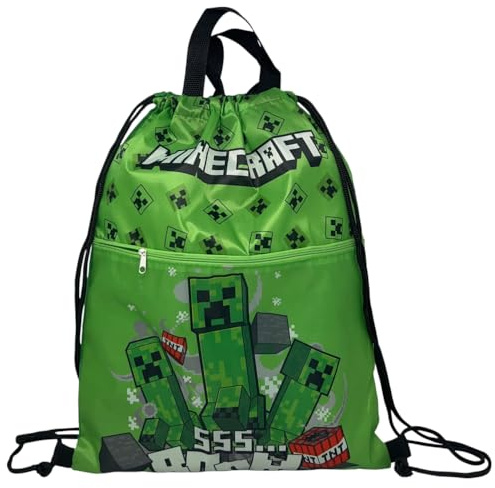 Sacca con tasca frontale zaino con chiusura a coulisse borsa per bambini 44 x 34 cm scuola palestra tempo libero (Minecraft)