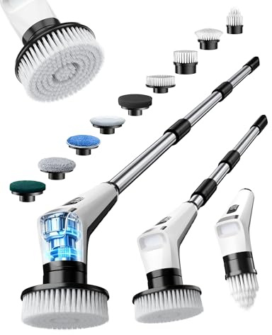 Fofile Cepillo Eléctrico de Limpieza con 9 Cabezales Intercambiables, IPX8 Impermeable, 3 Velocidades, Batería 3000 mAh, Mango Telescópico con Luz LED, Cepillo Giratorio para Baño, Cocina, Azulejos