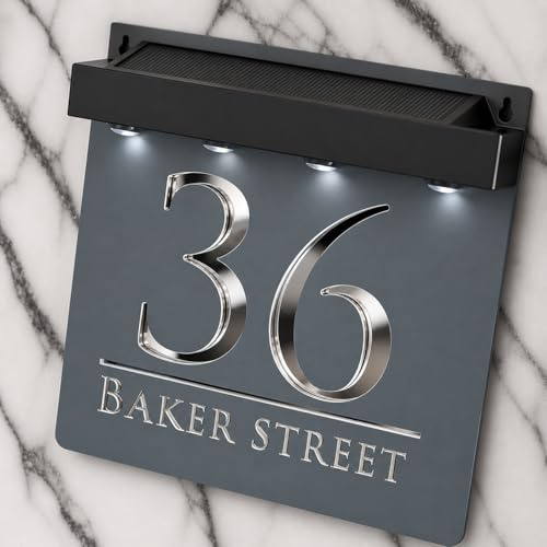 K Smart Sign Bellissima S1 LED F32 | Lampe solaire carrée pour maison, numéro de porte, plaque de numéro de porte avec LED personnalisable, panneau mural avec texte classique (gris mat et miroir