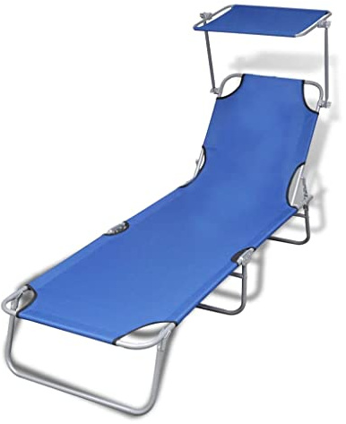 Foknhdi Tumbona plegable con toldo para jardín, tumbona de tres patas con respaldo ajustable, para jardín, balcón, terraza y camping, color azul, 189 x 58 x 27 cm hasta 110 kg
