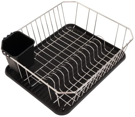 FurnitureXtra Stainless Steel Dish Drainer with Plastic Drip Tray and Cutlery Holder (Square Drainer Black)