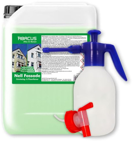 ABACUS® Fassadenreiniger mit Sprühflasche, Grünbelagentferner für Fassaden, Putz & Hauswände – Entfernt selbsttätig Pilze, Flechten & Algen von Fassaden – Nur 0,1L pro m², Nell Fassade 25 Liter (7593)