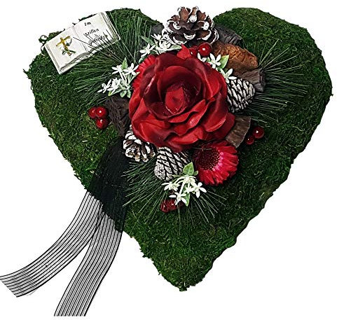 Der-kleine-Dekoladen Grabschmuck Grabgesteck Herz Rosen rot Moosherz Grabherz Trauerherz Gesteck 30cm