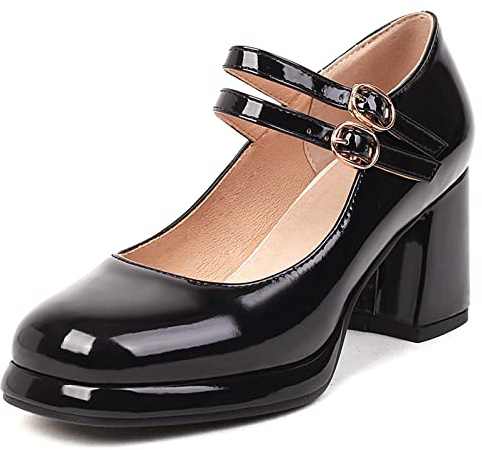Lizoleor Mary Janes Femme Talon Carré Plateforme Bout Rond Bride Cheville De Mariée Fête Elegantes Mode Pieds Larges Vernis Noir Taille 37 EU/38CN