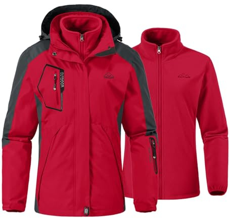 YSENTO Chaqueta de esquí 3 en 1 para mujer, chaqueta de forro polar impermeable, resistente al viento, cálida, con capucha extraíble, rojo, L