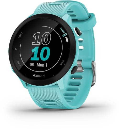 Garmin Forerunner 55 - Reloj inteligente para running con GPS, planes de entrenamiento, notificaciones y seguimiento del bienestar, Turquesa (Reacondicionado)