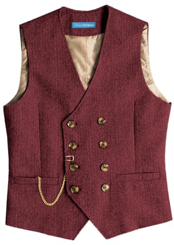 Solovedress Gilet da uomo vintage in tweed, doppiopetto, per matrimonio, Borgogna, XS
