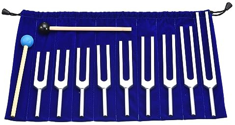 sourcing map Tuning Fork Set 9 Pcs Tuning Forks Aluminium Alloy for Instrument Treatment Yoga Sound Testing Tuning Fork Tool Set Violin Guitar Tuner Device Silver with Rubber Mallet and Bag