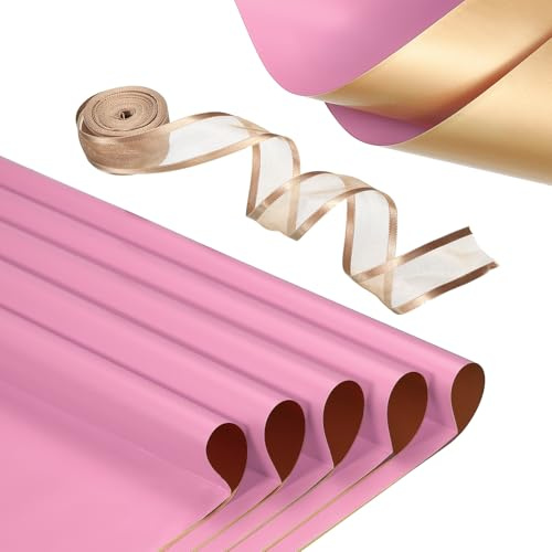 PATIKIL 20 Sheets Flower Wrapping Paper, Waterproof Flower Paper Wraps with Ribbon Floral Bouquet Supplies for DIY Crafts Packaging Bouquet, 22.8x22.8 Inch, Rose Pink/Gold Tone