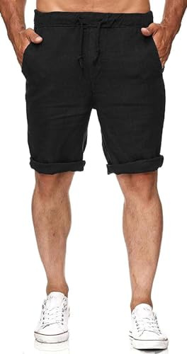 Runcati herr, linneshorts, bermudashorts, korta byxor, lätta sommarshorts, elastiskt band, fritidsbyxor med 2 fickor