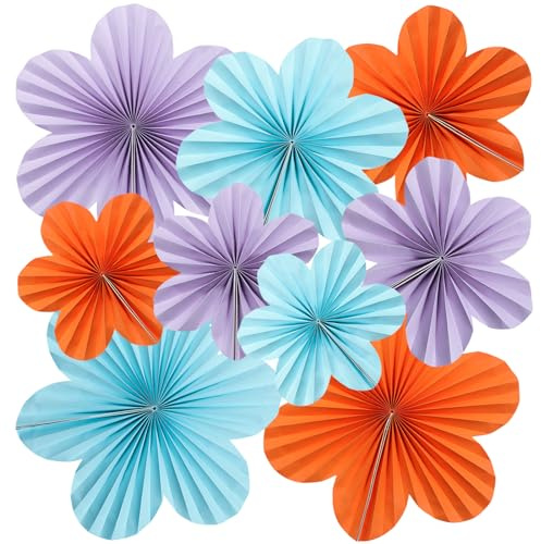 Surflyee 9 Piezas Juego de Abanicos y Flores de Papel, Decoración de Pared para Bodas, Fiestas y Ferias - Naranja, Azul, Púrpura