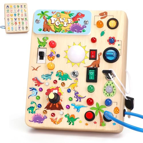 Dinosaurio Busy Board Juguetes Montessori 1 años Tablero de Actividades Juguete Sensoriales de Madera con 10 interruptores y 23 luces LED Juguete de Habilidades Motoras para bebés de 1 2 3 4 años