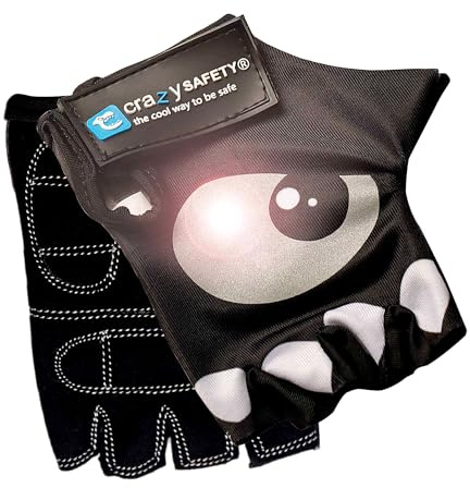 Crazy Safety Fahrradhandschuhe für Kinder, Schwarz, reflektierende Augen und gepolsterte Handflächen, Größe S, ideal für Fahrrad, Roller und Outdoor-Aktivitäten, Schwarz