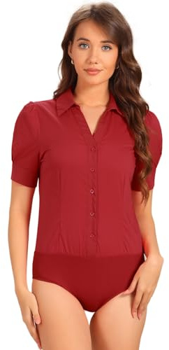 Allegra K Chemisier Body Femme de Bureau boutonné Bodysuit Une pièce à Manches Courtes Body Chemise de Travail Rouge L