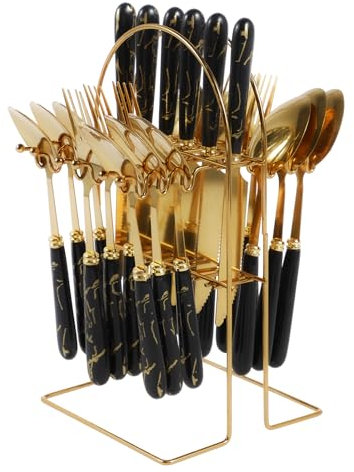 Cutlery Set with Holder 24 Pieces Tableware Silverware Set Stainless Steel Flatware Set Service for 6 People Forks Knives and Spoons Set Gold Mirror Polished and Dishwasher Safe for Home Restaurant