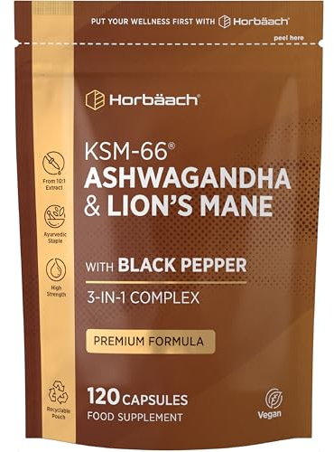 Ashwagandha KSM-66 and Lion's Mane 2500mg Capsules | KSM-66 Ashwagandha Root Extract & Lion's Mane Mushroom Extract, Enhanced with Black Pepper | 120 Vegan Capsules | Horbaach