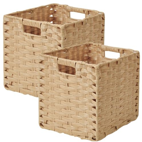 Sagittar Cesta plegable trenzada de imitación de ratán, 28 x 28 x 28 cm, cesta de almacenamiento para despensa, armario, cesta de estantería Kallax, cubo impermeable, no mohosa, 2 unidades, color