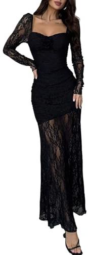 SweatyRocks Abito da donna maxi a maniche lunghe, in pizzo, elegante, abito da festa, abito da sera, abito lungo con pizzo, abito da cocktail, abito invernale, Nero , L