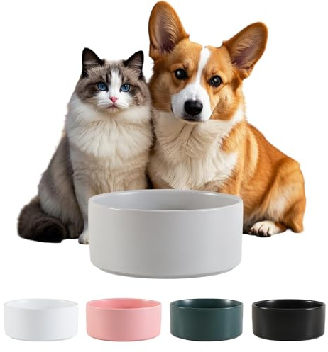 Ceramica Bebedero y Comedero Perro - Antideslizante Cuenco para Perros Pequeño y Mediano Ideal para Comida y Agua - Bebedero Gatos Apto para Gatos Grandes - 15 cm - 320 g / 720 ml - Gris