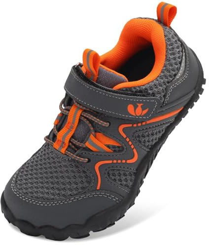 JIASUQI Boys Girls Wide Barefoot Shoes Kids Anti-Slip Rubber Walking Shoes Outdoor Sports Shoes for Hiking Climbing Running(Grey Orange,Big Kid Size 3.5)