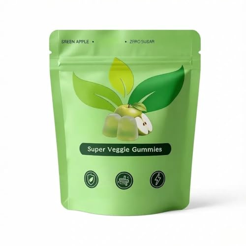 Veganska gummier med multivitaminer för energi, immunitet och tarm, smak av grönt äpple