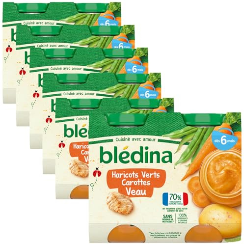 Blédina - Petits pots pour bébé - Purée Haricots Verts Carottes Veau - 70% d'ngrédients Français - Dès 6 mois - 12 pots de 200g