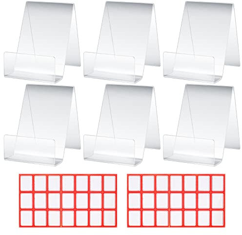 6 Pcs Clear Acrylic Book Stands, Display Stands, Message Holders, Menu Counter Poster Leaflet Sign Table Display Holder Stands for Shop Bookstore School, with 2 Sheets Labels(7.5 x 3 x 10.7cm)