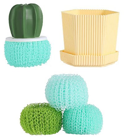 lulalula Spazzola per la pulizia a forma di cactus con maniglia, spazzola per piatti con 3 spugne sostituibili per la pulizia, spazzola per lavare i piatti, per lavare gli utensili da cucina, verde