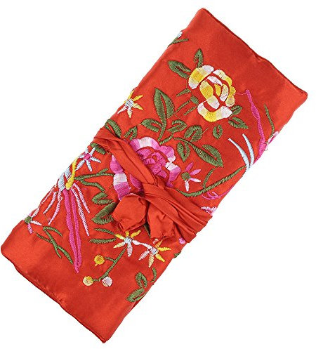 Lidwot Red Silk Embroidery Jewelry Organizer Roll - Foldable Ancient Style Pouch, Retro Travel Jewelry Case & Storage Bag, Compact Keeper for Necklaces, Earrings, Rings
