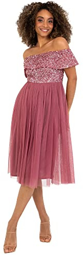 Maya Deluxe Ladies Bardot Dresses for Women Midi High Empire Waist Sequins Embellished Formal Evening for Wedding Guest, Vestido de Dama de Honor Mujer, Desert Rose, 18
