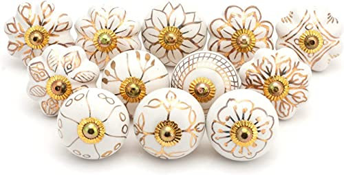Craft Trade Gold Türschrankknopf Boho Antik Keramik-Türknöpfe Kommode Schublade Zieht Hardware Knöpfe fur Küche Möbel Messing und Schrank - 06 Stück