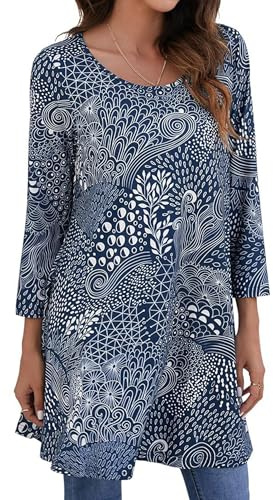 Enmain Tunic Tops for Women UK Blue Top Ladies Long Swing-top to wear with Leggings Womens 3/4 Sleeve Longline Blouses Casual Tunics Shirts,Navy Blue,5XL