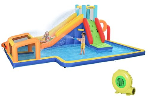 Outsunny Castello Gonfiabile per Bambini 3-8 Anni con Scivolo, Parete da Arrampicata, Porta da Calcio e Canestro, Gioco Gonfiabile in Tessuto Oxford, 590x460x220 cm, Multicolore