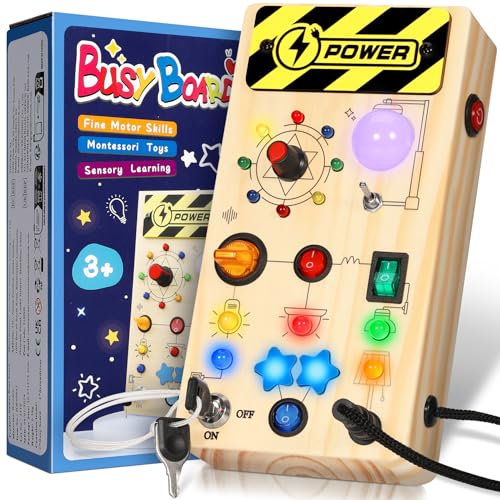 Lovchil Montessori Spielzeug Busy Board mit LED Lichtschalter Activity Board Sensorik Spielzeug Lernspielzeug ab 1 Jahr Holzspielzeug Motorikspielzeug für Babys und Kleinkinder ab 1 2 3 4 Jahre