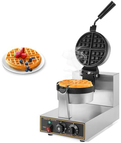 PJDDP Commercial Waffle Maker, 360° Rotating Non-stick Belgian Waffle Iron, 1300W Electric Waffle Baker Machine for Hotel Restaurant Bakery Coffee Shop Household, Temperature and Time Control