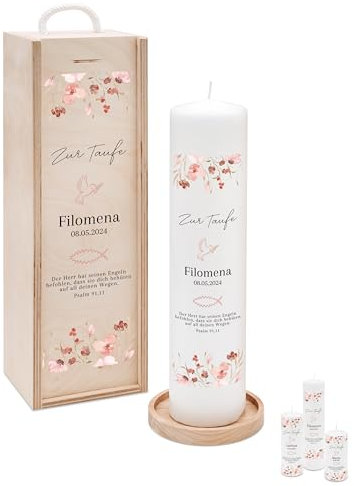 Bärenfreunde® - Personalisierte Taufkerze mit Spezial-Druck (M, L, XL) - ohne Ruß-Bildung - mit Holzkiste oder Untersetzer - Taufe Geschenk, Geschenk zur Geburt (XL Kerze)