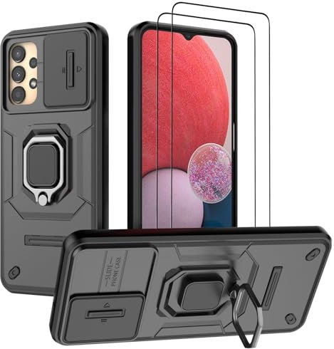 DERHAN Case for Samsung Galaxy A04S / A13 4G / A13 5G, Shockproof Case with Tempered Glass [2 Pieces] + Lens Cap [Protects Camera], Cover Bumper with Ring Stand - Black
