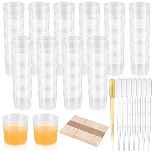 52 Pcs 30 ml Tasses à Mesurer en Plastique, Tasses à Mesurer Graduées pour Resine Epoxy, Verres Doseur, Gobelet Doseur pour Bricolage Tasses à Mélanger, avec 50 Bâtons de Bois, 20 Pailles de 3 ml
