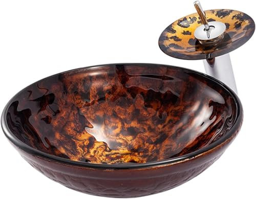 Tu Ye Vessel Sinks, Bathroom Vessel Sink Flames Glass Vessel Sink Bowl Round Counter Top Installation Bathroom Vessel Vanity Sink Art Basin with Brass Waterfall Faucet Chrome Pop Up