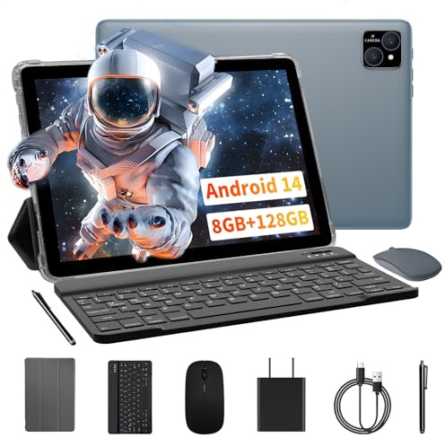 VASOUN 10 Tums Surfplatta med Läderfodral, Tangentbord och Mus, Pekpenna Android 14, 5 Ghz WiFi, 12 GB RAM (6 6 Expand), 128 GB Lagring, 8 000 mAh, 2,0 MP + 8,0 MP Kamera, GMS Certifild Tablet