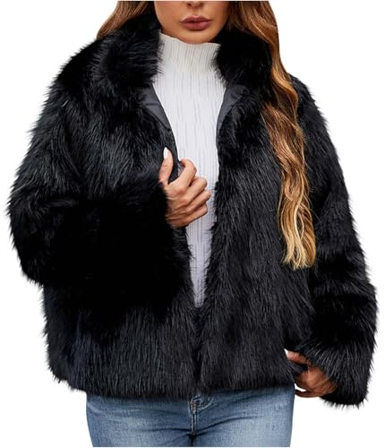 ANHATUIV Manteau court en fausse fourrure pour femme - Veste courte en fourrure à manches longues - Vêtement d'extérieur chaud à poils longs - Vêtement d'automne élégant en fausse fourrure - Solide et