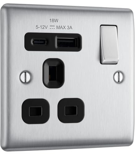 BG Electrical 18W Single Switched Power Plug Wall Socket with Type A USB and Type C USB Charging Ports, Fast Charge, Round Edges, Nexus Metal, Brushed Steel, Black Inserts, 13A, NBS21UAC18B