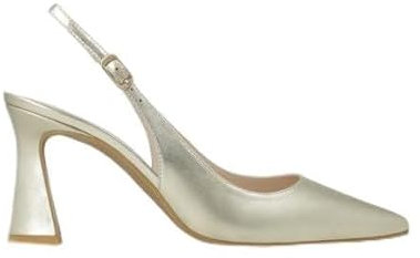 Lodi Zapatos de Salón para Mujer. Diseño Sencillo y Elegante. Destalonados en Piel Metalizada. Tacón Geométrico de 7.5 cm. Cierre con Hebilla Metálica. Punta Afilada. Serie RISEDIS. Fabricado en ESPA