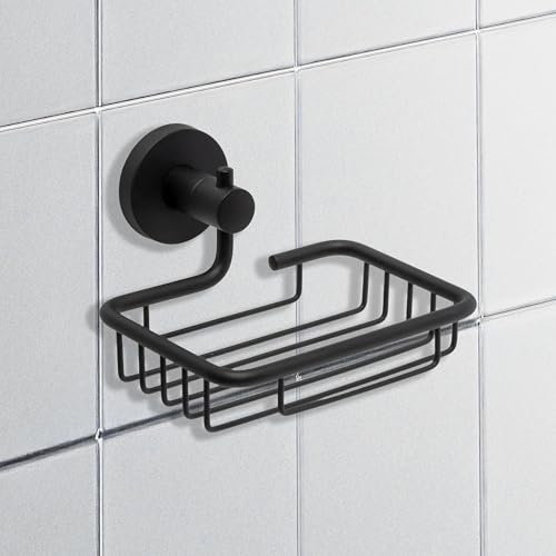 IPEA Portasapone Adesivo da Parete in Metallo Nero - Non Necessita Foratura - Design Moderno - Porta Sapone da Muro da Incollare in Bagno, Doccia, Cucina, Casa - Porta Saponetta o Spugna - Autodesivo