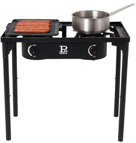 INTEC - Fornello a gas 2 luci barbecue Grill 9kW 2in 1: 2 bruciatori Ghisa + 1 piastra Grill Ghisa, 3 altezze modulabili Piezo